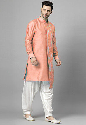 Embroidered Art Silk Asymmetric Kurta Set in Peach