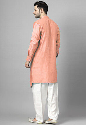 Embroidered Art Silk Asymmetric Kurta Set in Peach