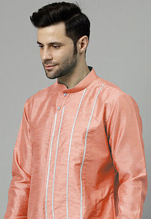 Embroidered Art Silk Asymmetric Kurta Set in Peach