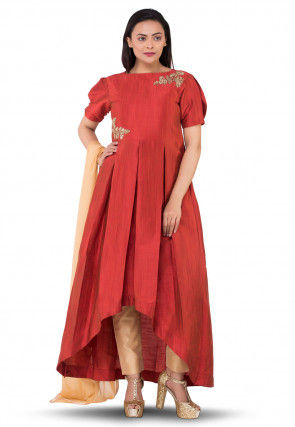 Embroidered Art Silk Asymmetric Pakistani Suit in Red