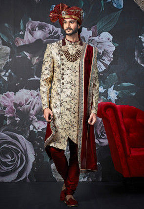 Embroidered Art Silk Asymmetric Sherwani in Light Beige