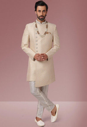 Embroidered Art Silk Asymmetric Sherwani in Light Beige