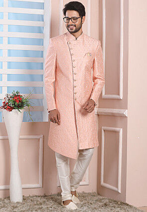 Embroidered Art Silk Asymmetric Sherwani in Pink