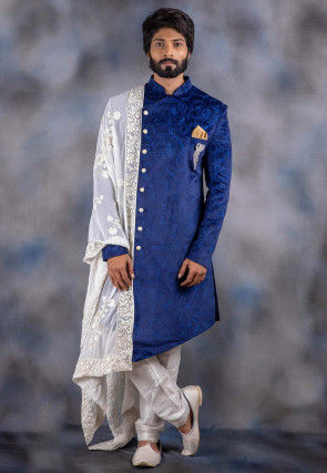 Embroidered Art Silk Asymmetric Sherwani in Royal Blue