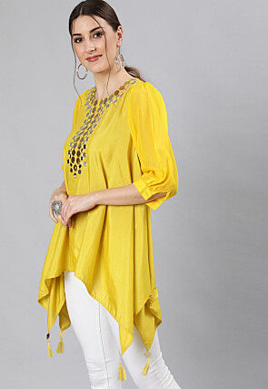 Embroidered Art Silk Asymmetric Top in Yellow