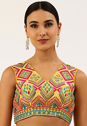 Embroidered Art Silk Back Cut Blouse in Yellow