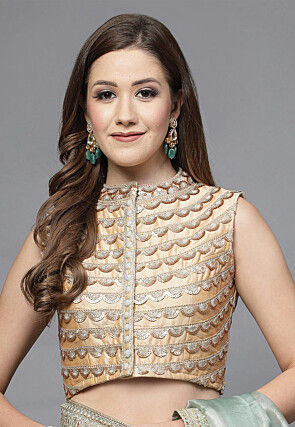 Embroidered Art Silk Back Cut Out Blouse in Beige