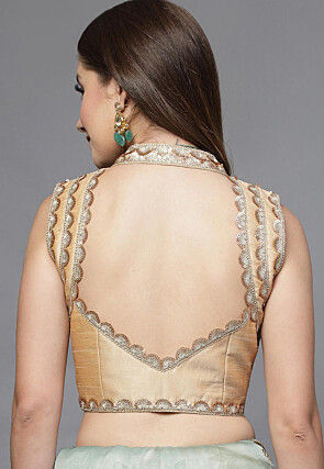 Embroidered Art Silk Back Cut Out Blouse in Beige