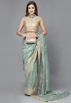 Embroidered Art Silk Back Cut Out Blouse in Beige