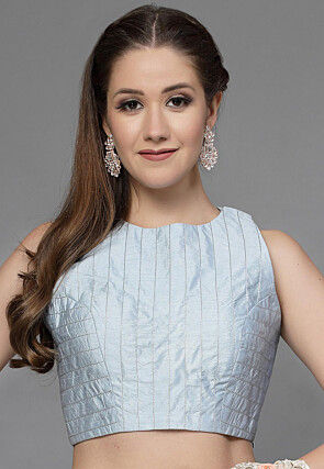 Embroidered Art Silk Back Cut Out Blouse in Sky Blue