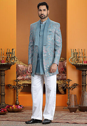 Embroidered Art Silk Bandgala in Blue