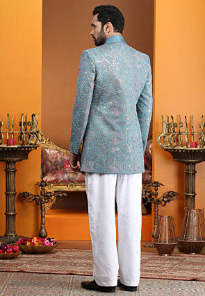 Embroidered Art Silk Bandgala in Blue