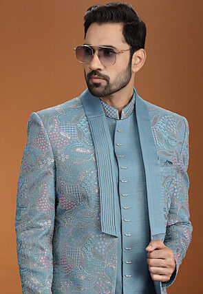 Embroidered Art Silk Bandgala in Blue