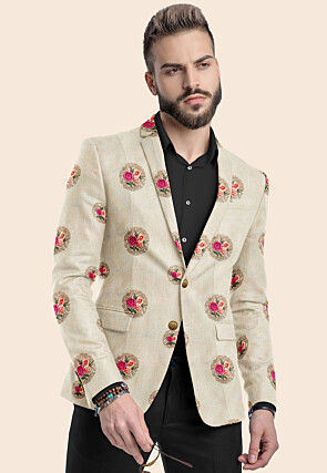 Embroidered Art Silk Blazer in Light Beige