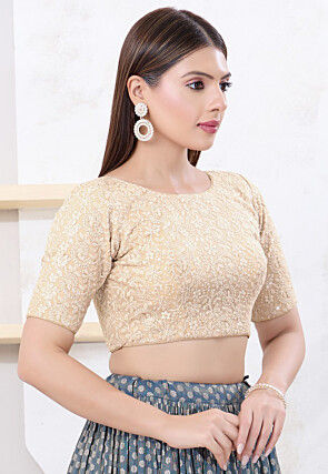 Embroidered Art Silk Blouse in Beige