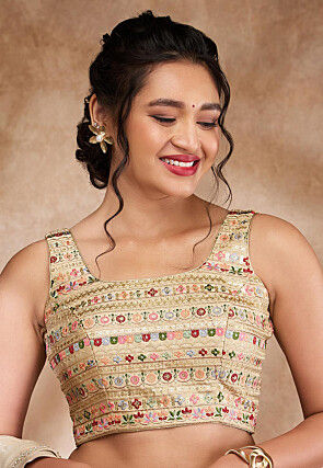 Embroidered Art Silk Blouse in Beige
