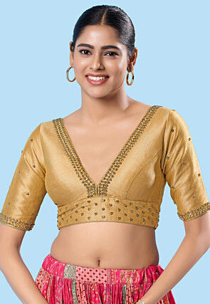 Embroidered Art Silk Blouse in Beige