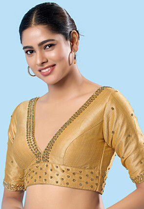 Embroidered Art Silk Blouse in Beige