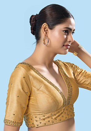 Embroidered Art Silk Blouse in Beige