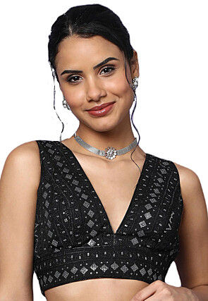 Embroidered Art Silk Blouse in Black