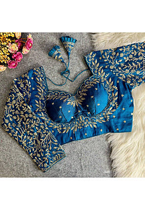 Embroidered Art Silk Blouse in Blue