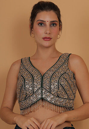 Embroidered Art Silk Blouse in Dark Green