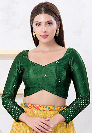Embroidered Art Silk Blouse in Dark Green