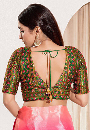 Embroidered Art Silk Blouse in Dark Green