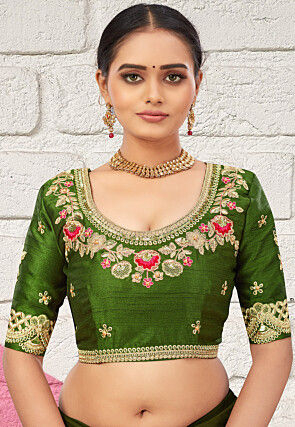 Embroidered Art Silk Blouse in Green