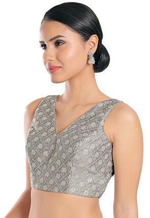 Embroidered Art Silk Blouse in Grey