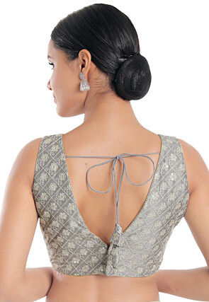 Embroidered Art Silk Blouse in Grey