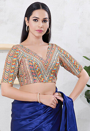 Embroidered Art Silk Blouse in Light Beige