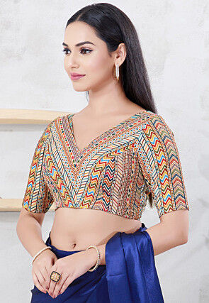 Embroidered Art Silk Blouse in Light Beige