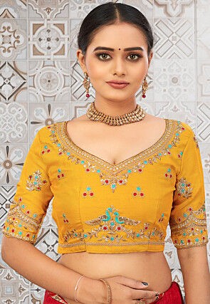 Embroidered Art Silk Blouse in Mustard