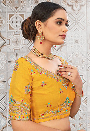 Embroidered Art Silk Blouse in Mustard