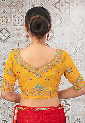 Embroidered Art Silk Blouse in Mustard