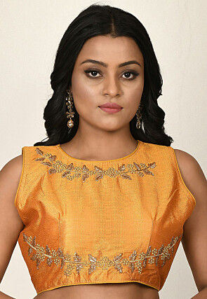 Embroidered Art Silk Blouse in Mustard