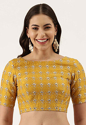 Embroidered Art Silk Blouse in Mustard