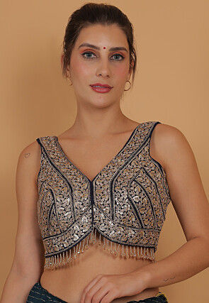 Embroidered Art Silk Blouse in Navy Blue