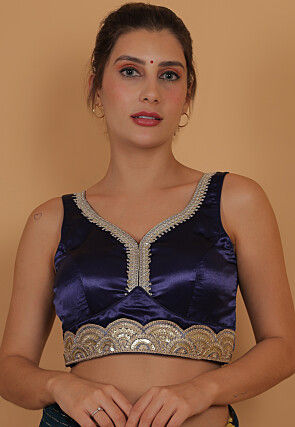 Embroidered Art Silk Blouse in Navy Blue