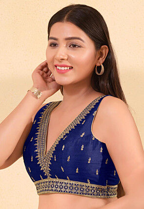 Embroidered Art Silk Blouse in Navy Blue