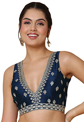 Embroidered Art Silk Blouse in Navy Blue