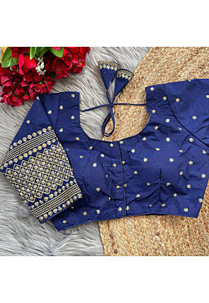 Embroidered Art Silk Blouse in Navy Blue