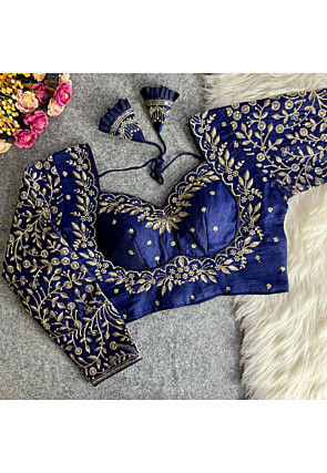 Embroidered Art Silk Blouse in Navy Blue