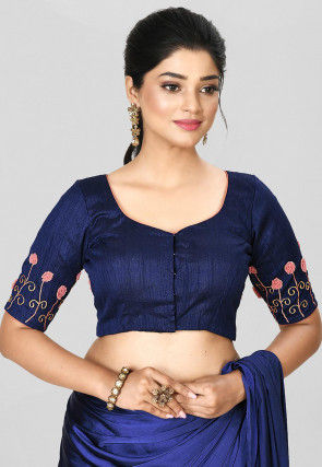 Embroidered Art Silk Blouse in Navy Blue