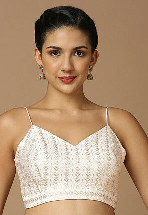 Embroidered Art Silk Blouse in Off White