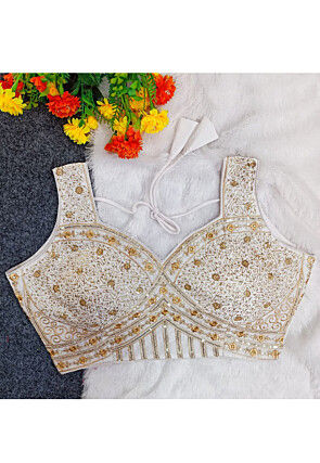 Embroidered Art Silk Blouse in Off White