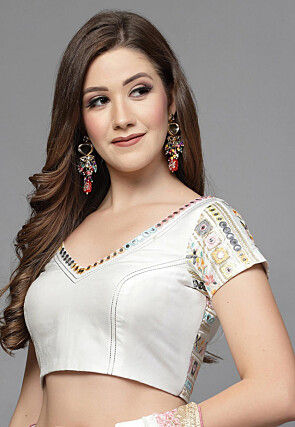 Embroidered Art Silk Blouse in Off White