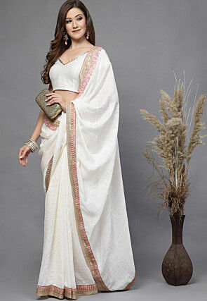 Embroidered Art Silk Blouse in Off White