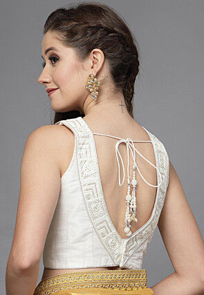 Embroidered Art Silk Blouse in Off White